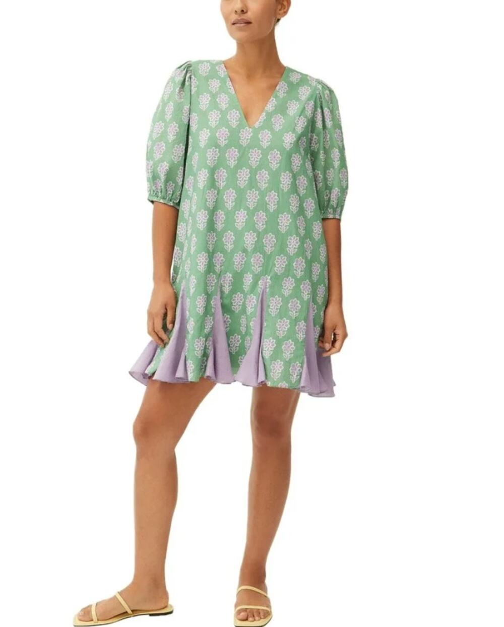 RHODE Tuckernuck Saira Mini Dress Green Purple Floral Block Print V-Neck XS